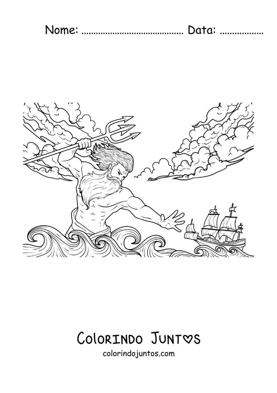 Desenho para colorir de Poseidon controlando o mar para derrubar o navio de Odisseu