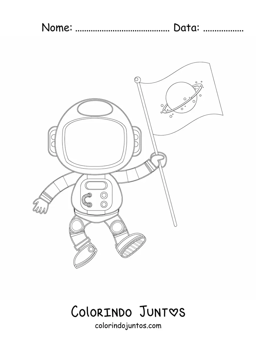 Desenho para colorir de um astronauta animado segurando uma bandeira