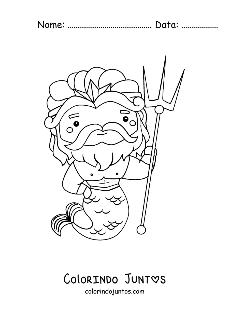 Desenho para colorir de Poseidon animado kawaii com um tridente