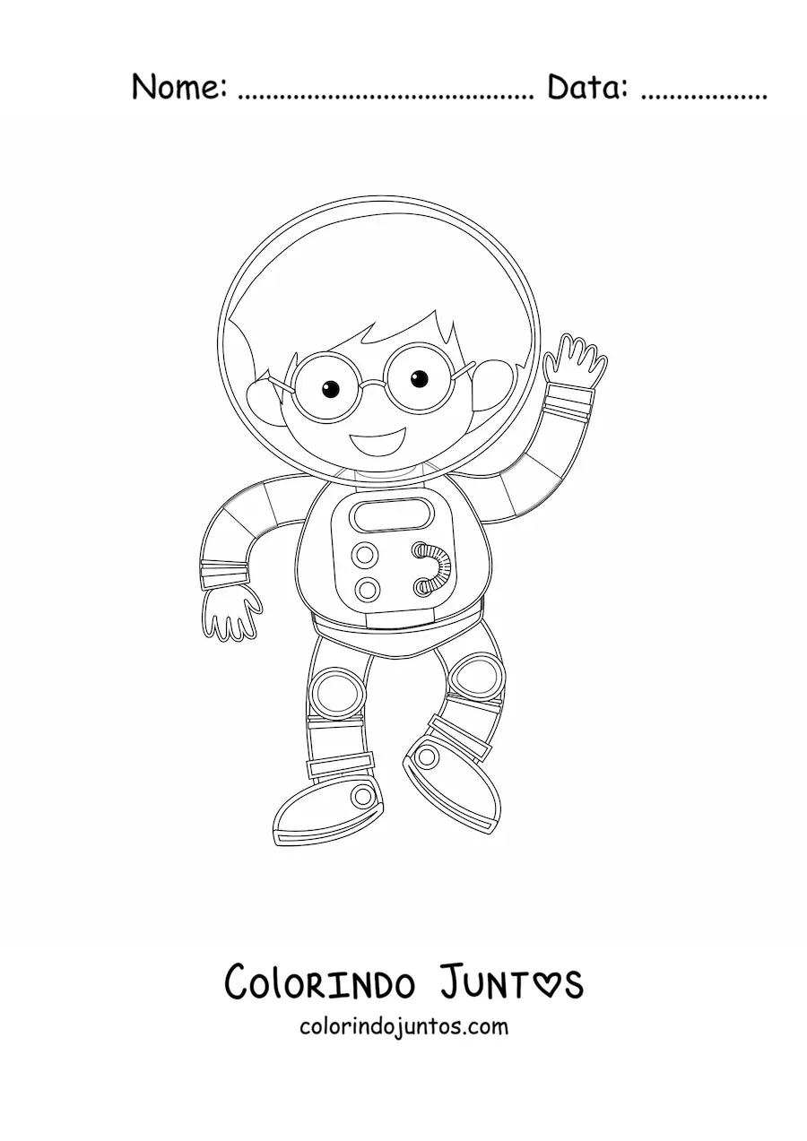 Desenho para colorir de um menino astronauta acenando