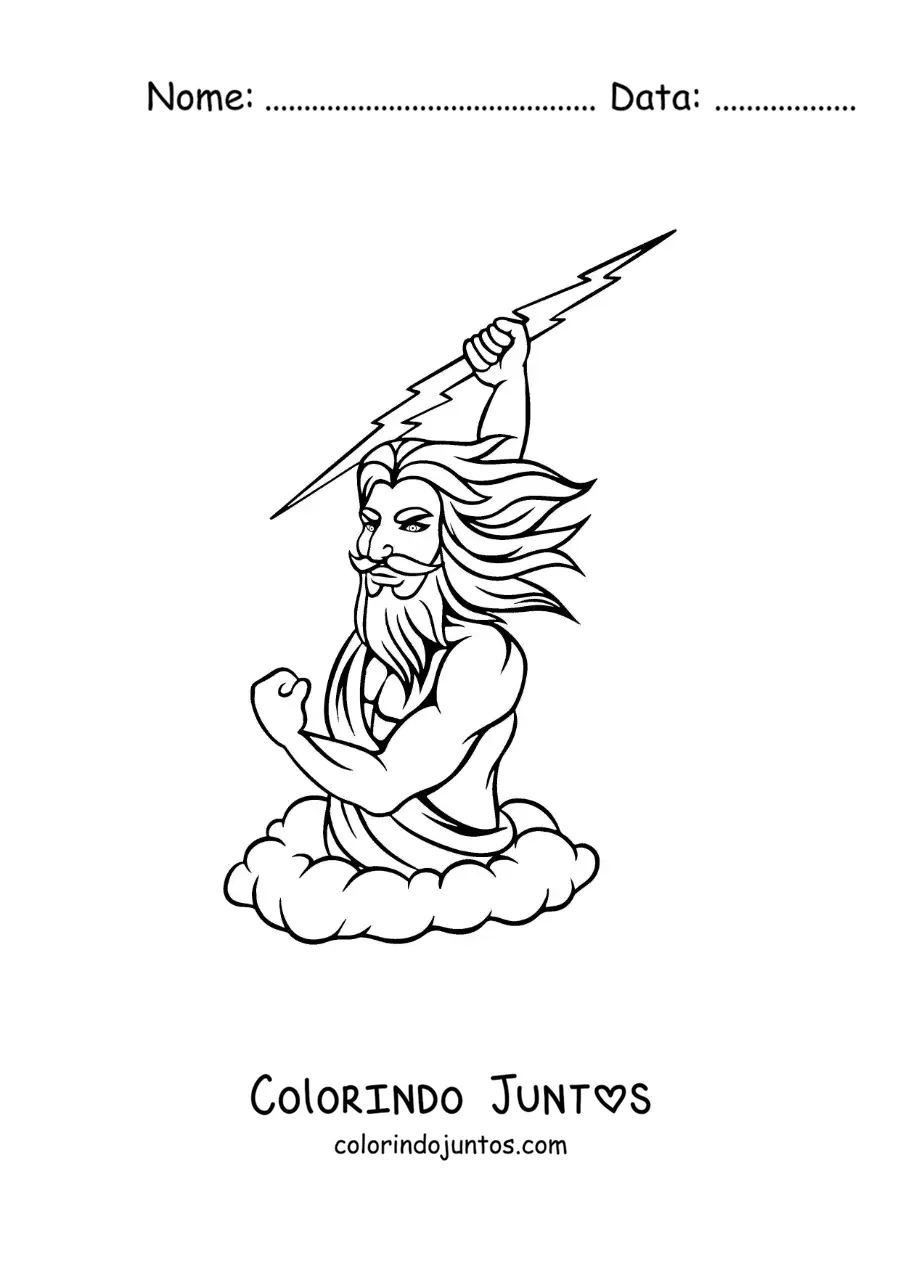 Desenho para colorir do deus grego Zeus lançando um raio no céu