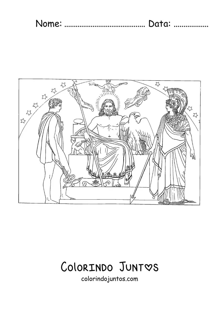 Desenho para colorir de Zeus com Atena e Hermes em seu trono no Olimpo