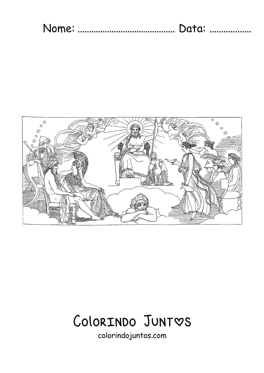 Desenho para colorir de Zeus e os deuses gregos no Olimpo
