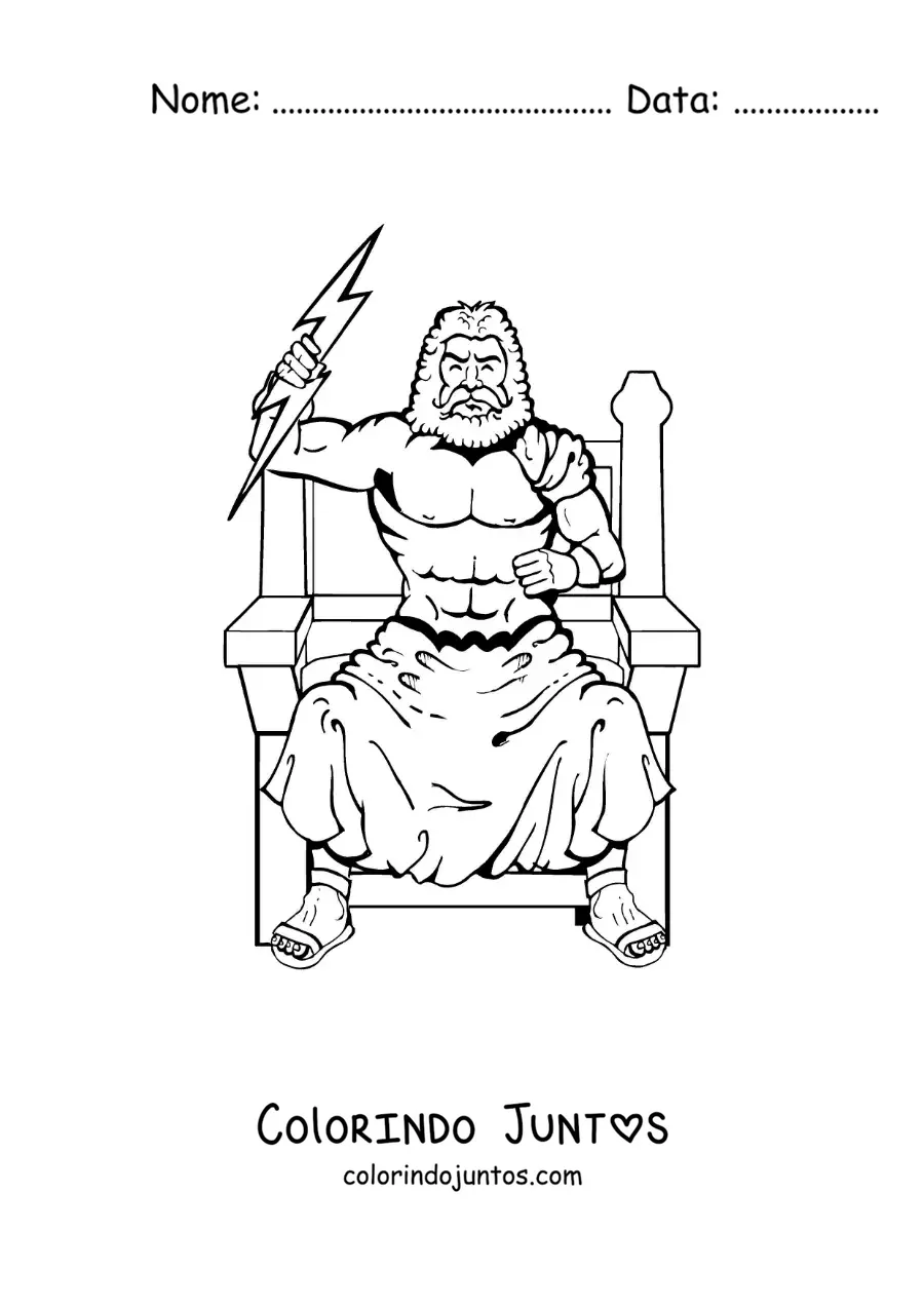 Desenho para colorir do deus Zeus lançando um raio em seu trono