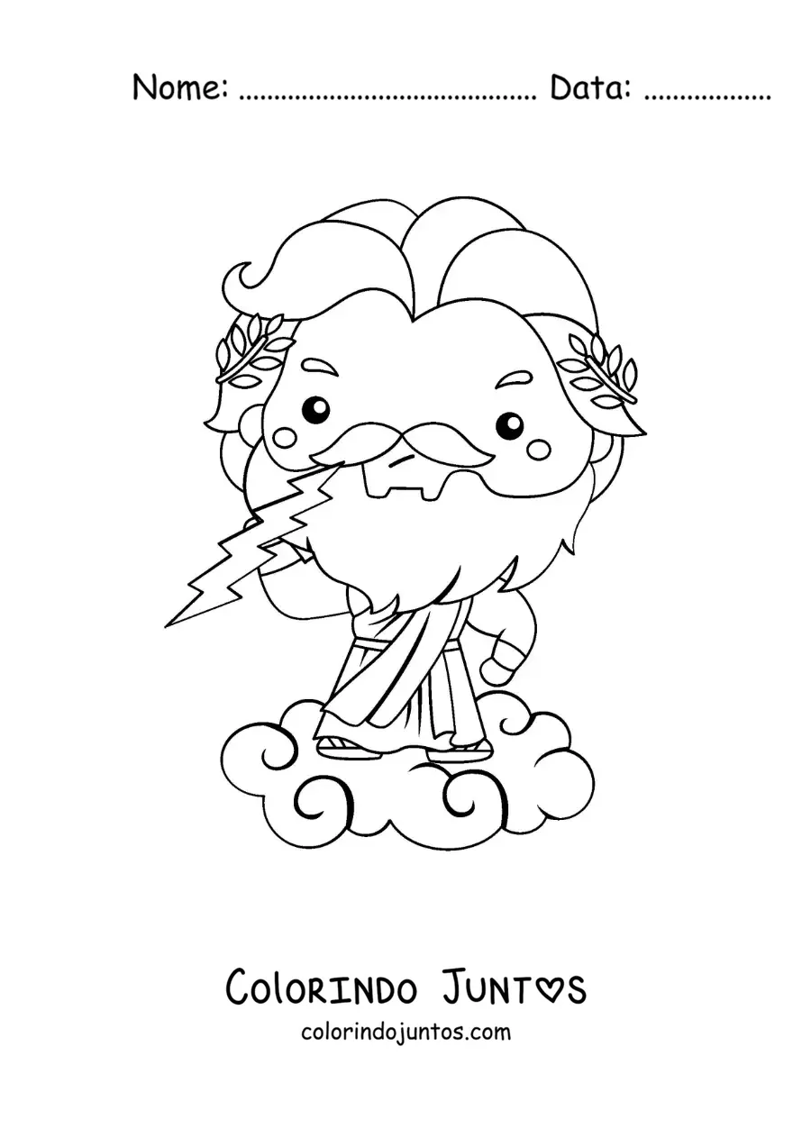 Desenho para colorir de Zeus animado kawaii lançando um raio de uma nuvem