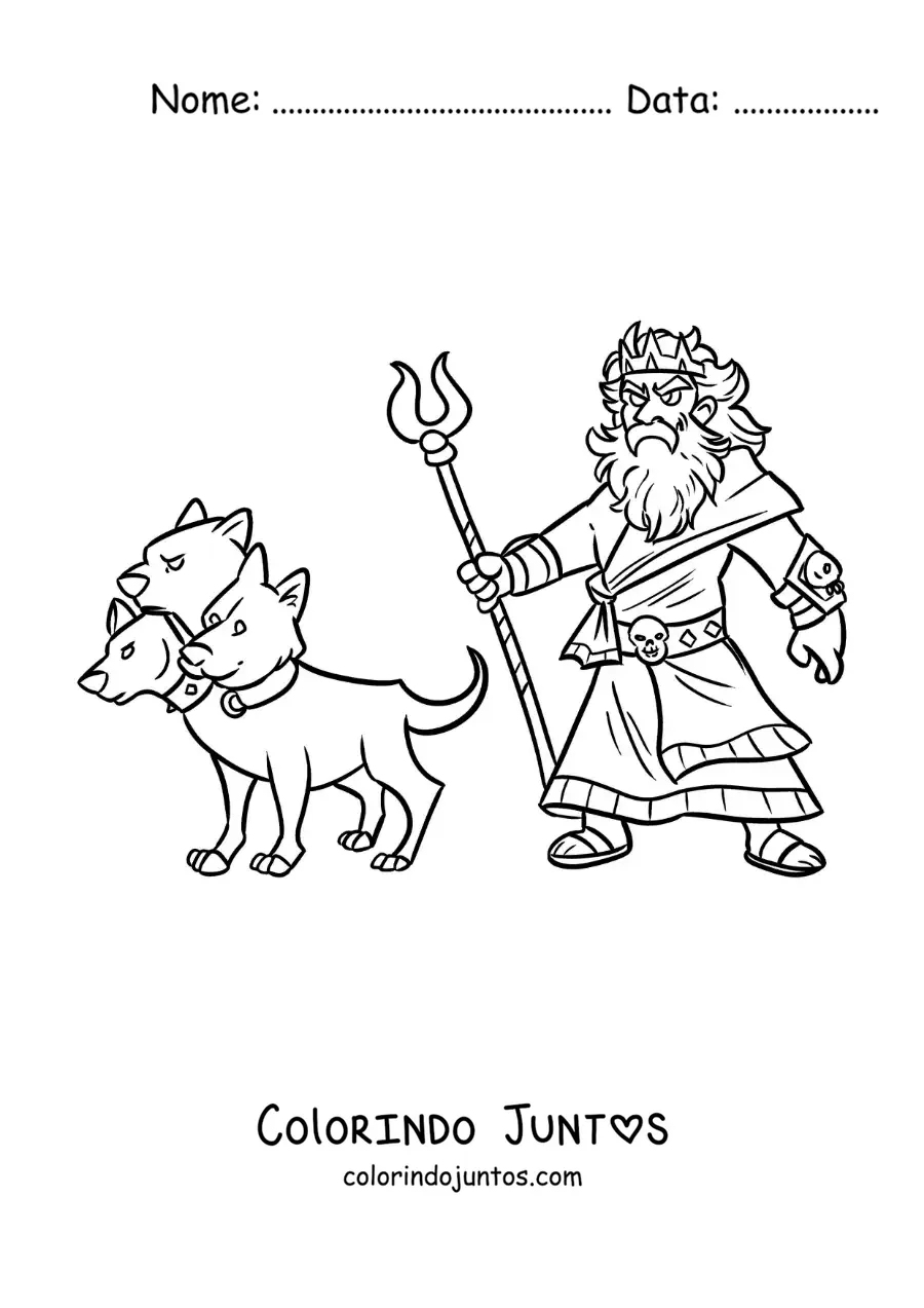 Desenho para colorir do deus Hades animado com seu cão Cérbero