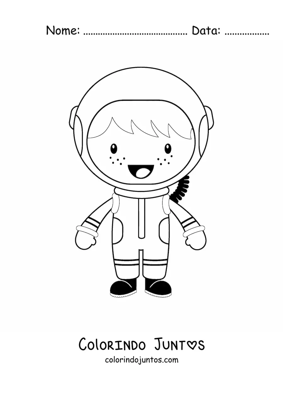 Desenho para colorir de um menino astronauta sorridente animado