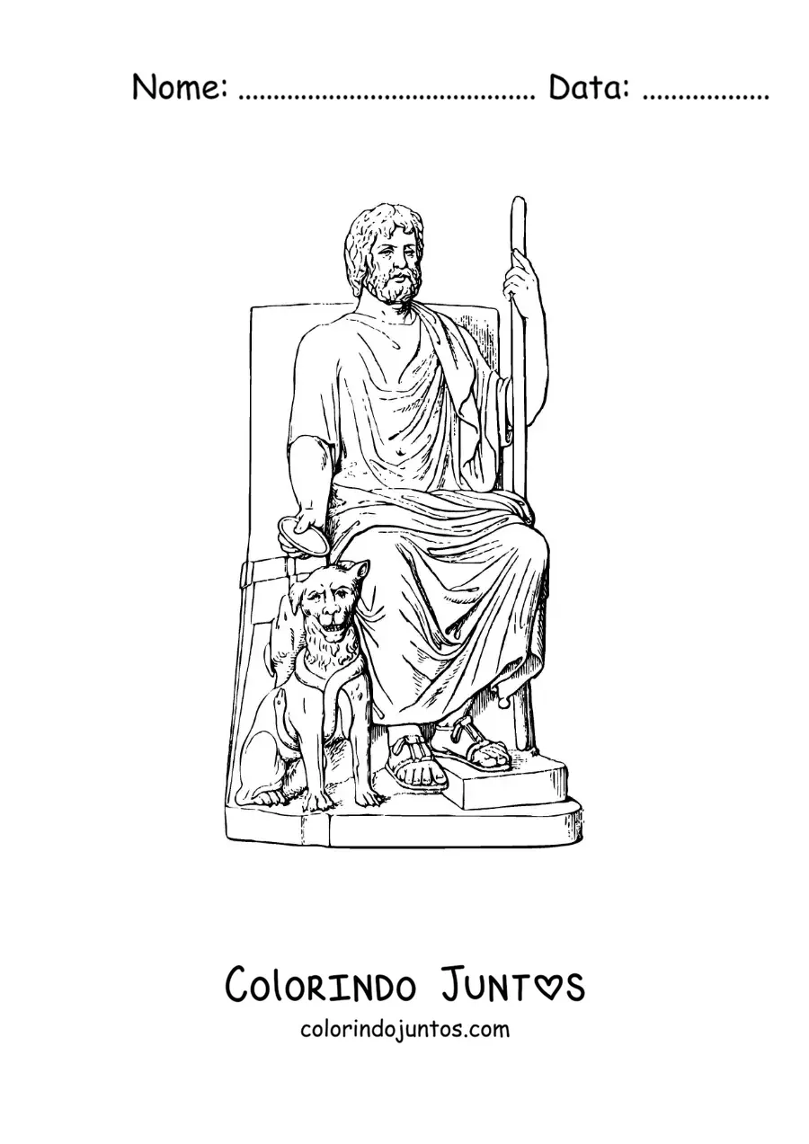 Desenho para colorir do deus Hades realista em seu trono com Cérbero