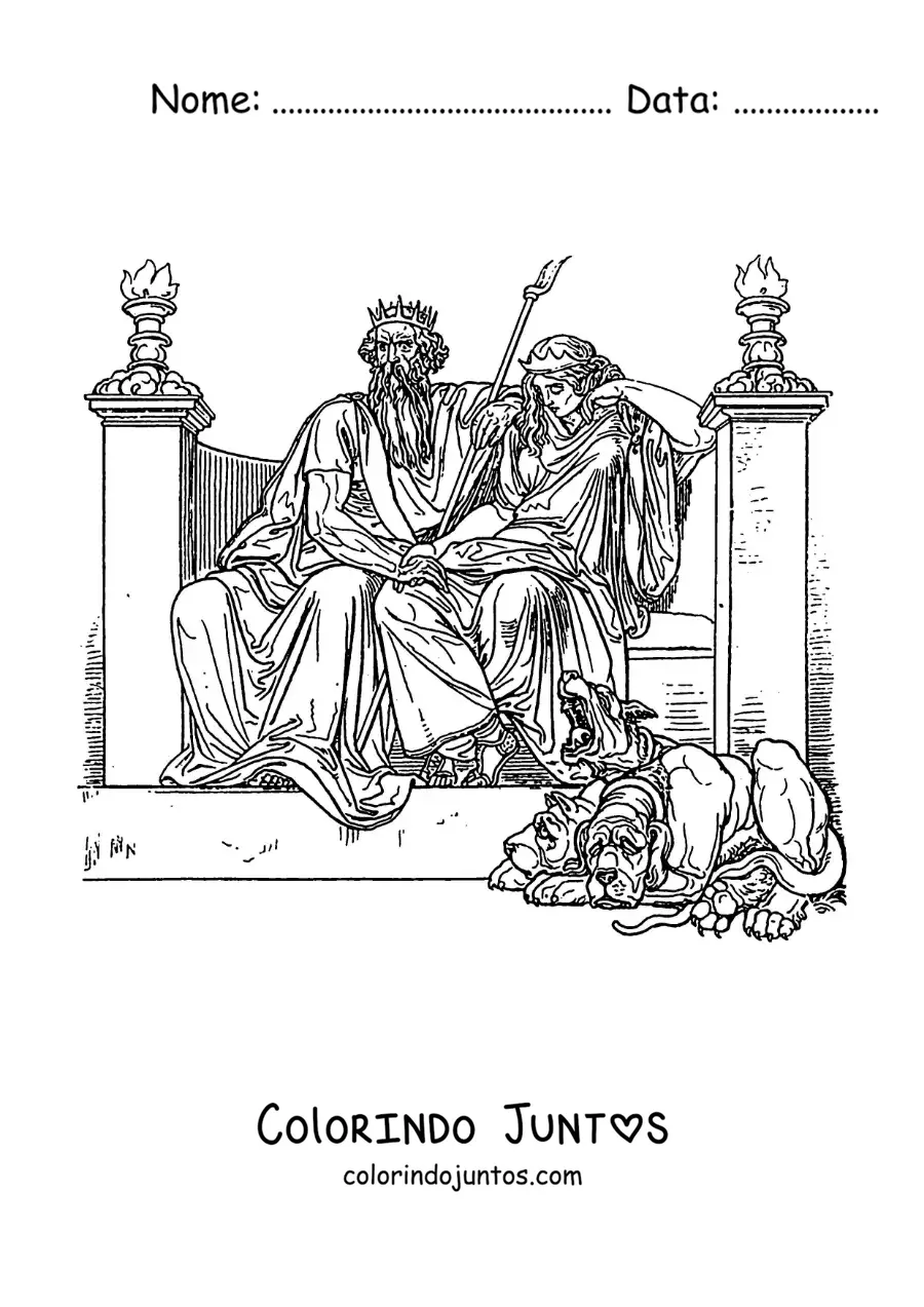 Desenho para colorir de Hades e Perséfone no submundo com Cérbero
