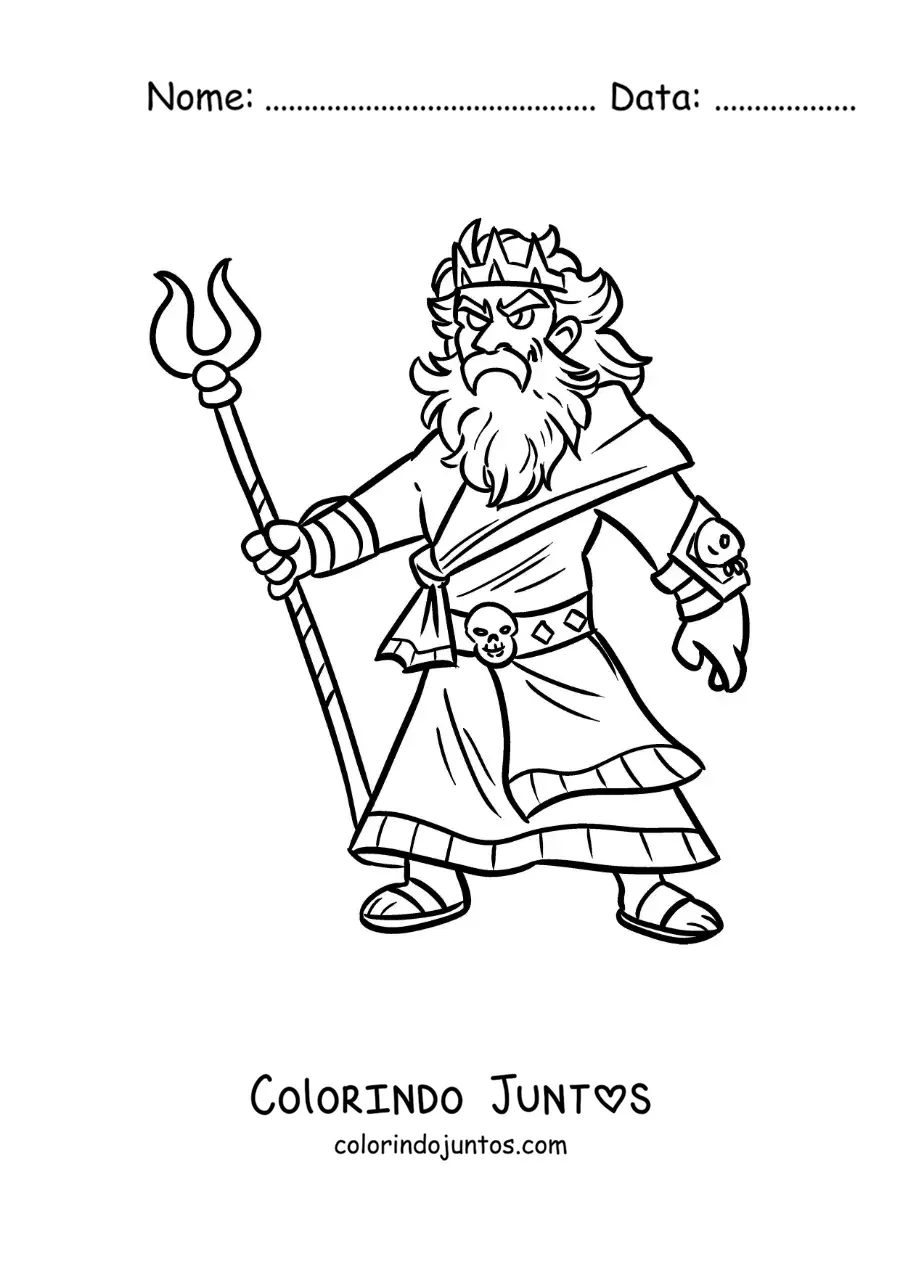 Desenho para colorir do deus grego do submundo Hades animado com seu bidente