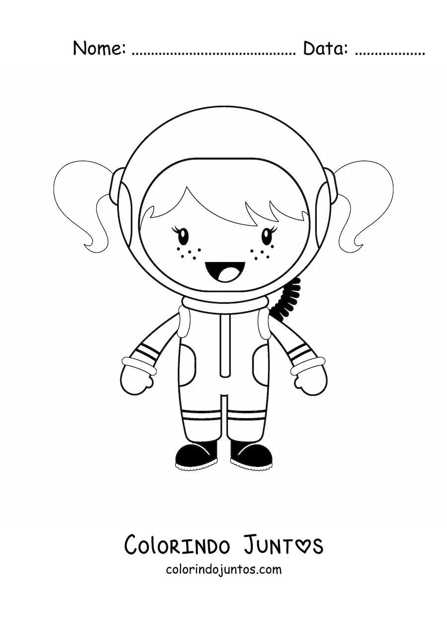 Desenho para colorir de uma menina astronauta sorridente animada