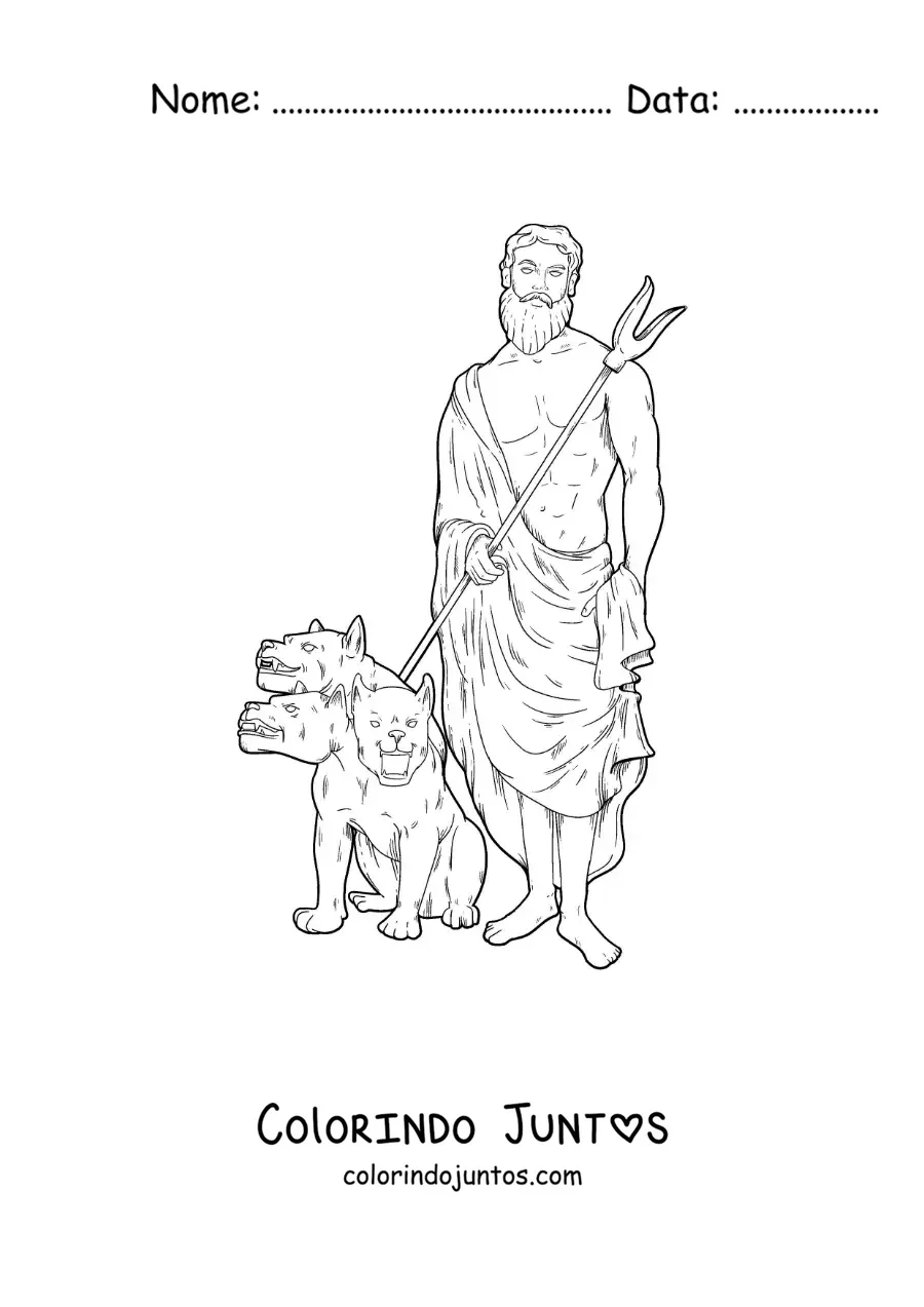 Desenho para colorir de Hades realista com seu cão de três cabeças Cérbero