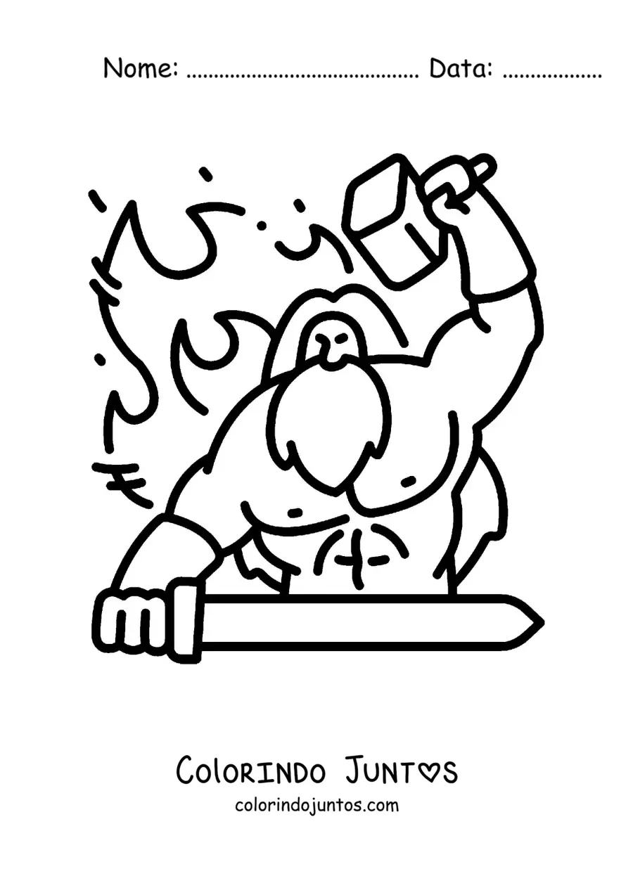Desenho para colorir de Hefesto animado forjando uma espada em sua forja