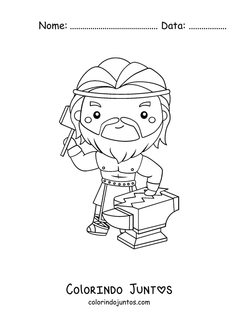 Desenho para colorir do deus grego Hefesto animado kawaii forjando um raio