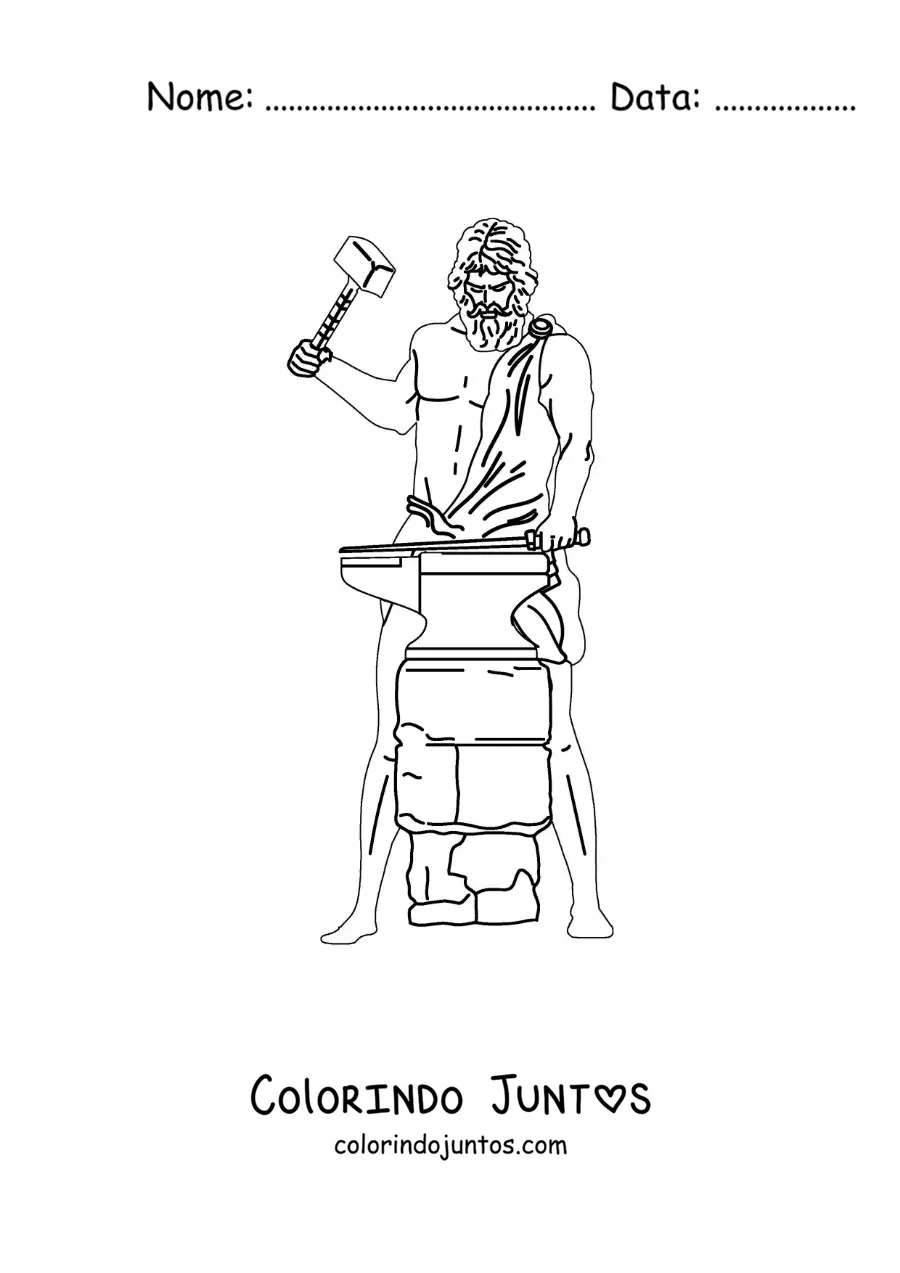 Desenho para colorir do deus Hefesto realista forjando uma espada