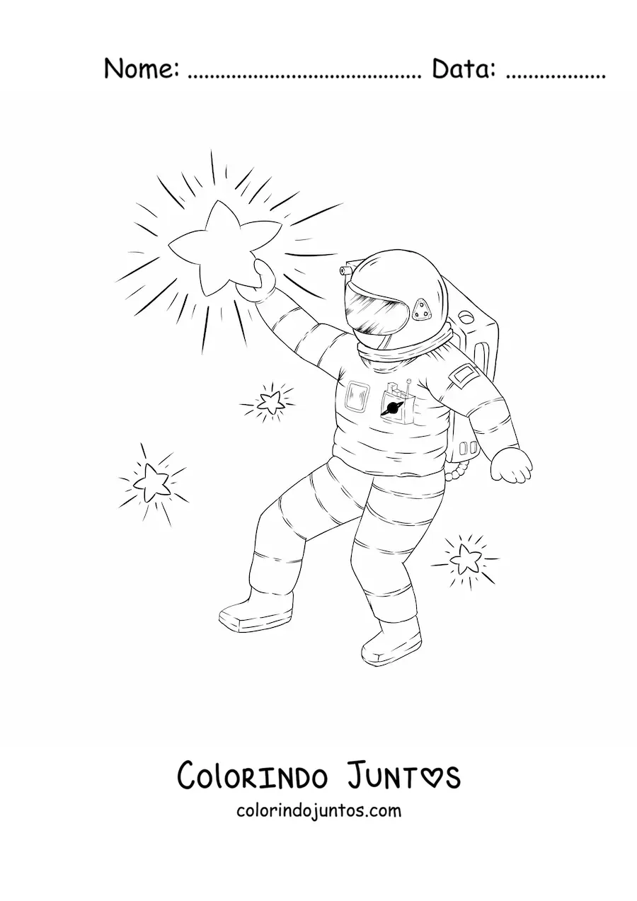 Desenho para colorir de um astronauta alcançando uma estrela com o braço