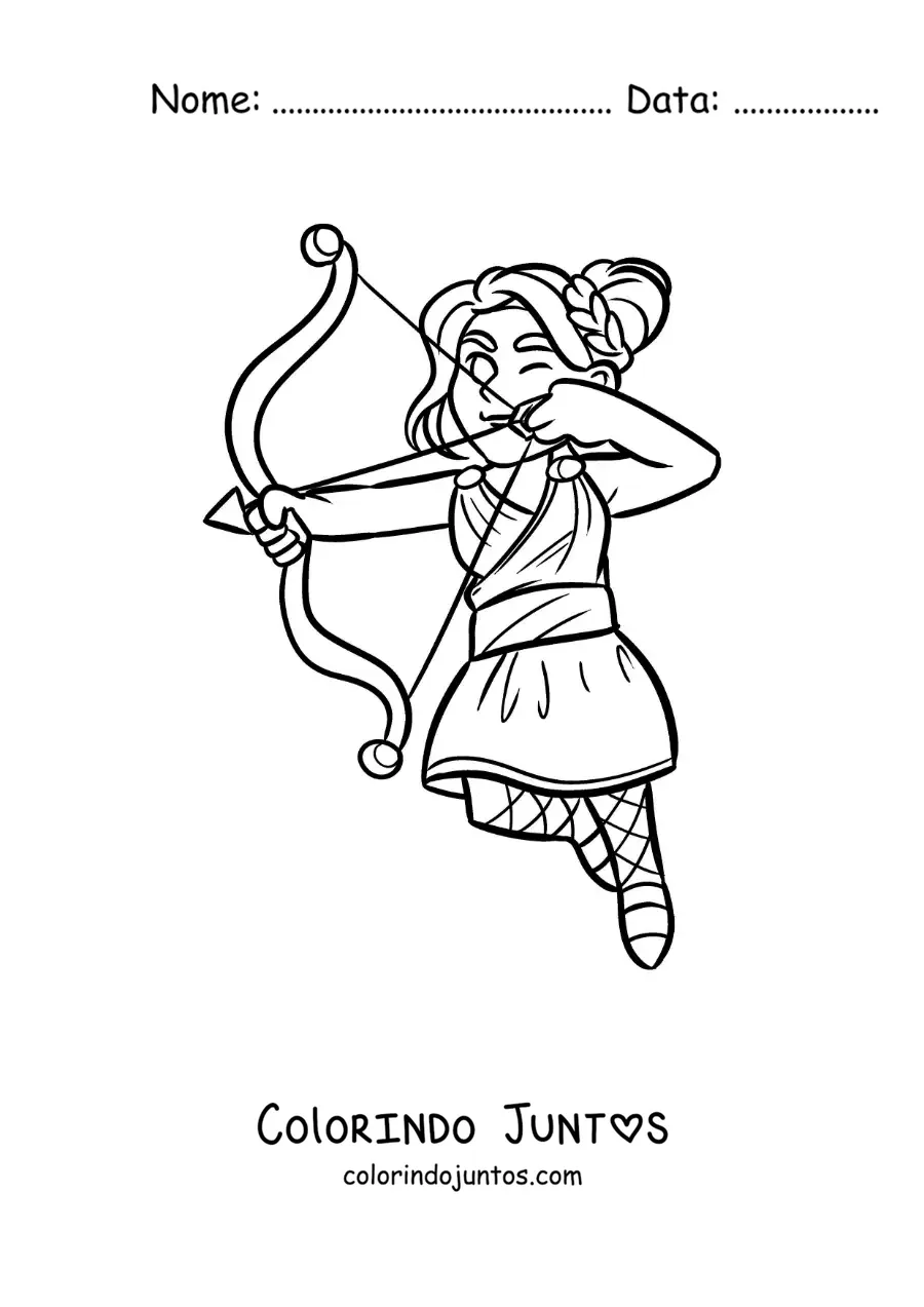 Desenho para colorir da deusa Ártemis animada disparando uma flecha