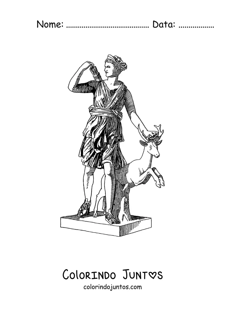 Desenho para colorir de estátua de Ártemis e um cervo