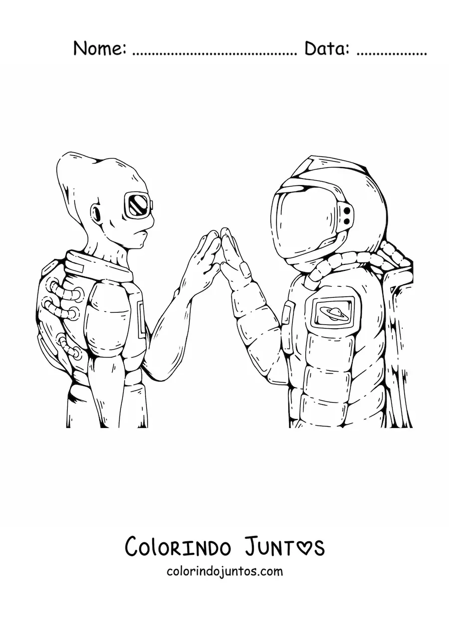 Desenho para colorir de um astronauta e um alienígena