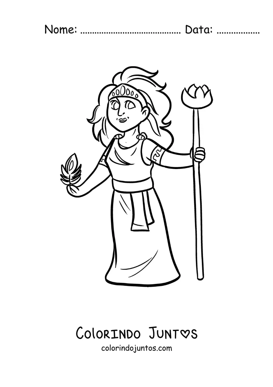 Desenho para colorir da deusa Hera animada com uma pena de pavão