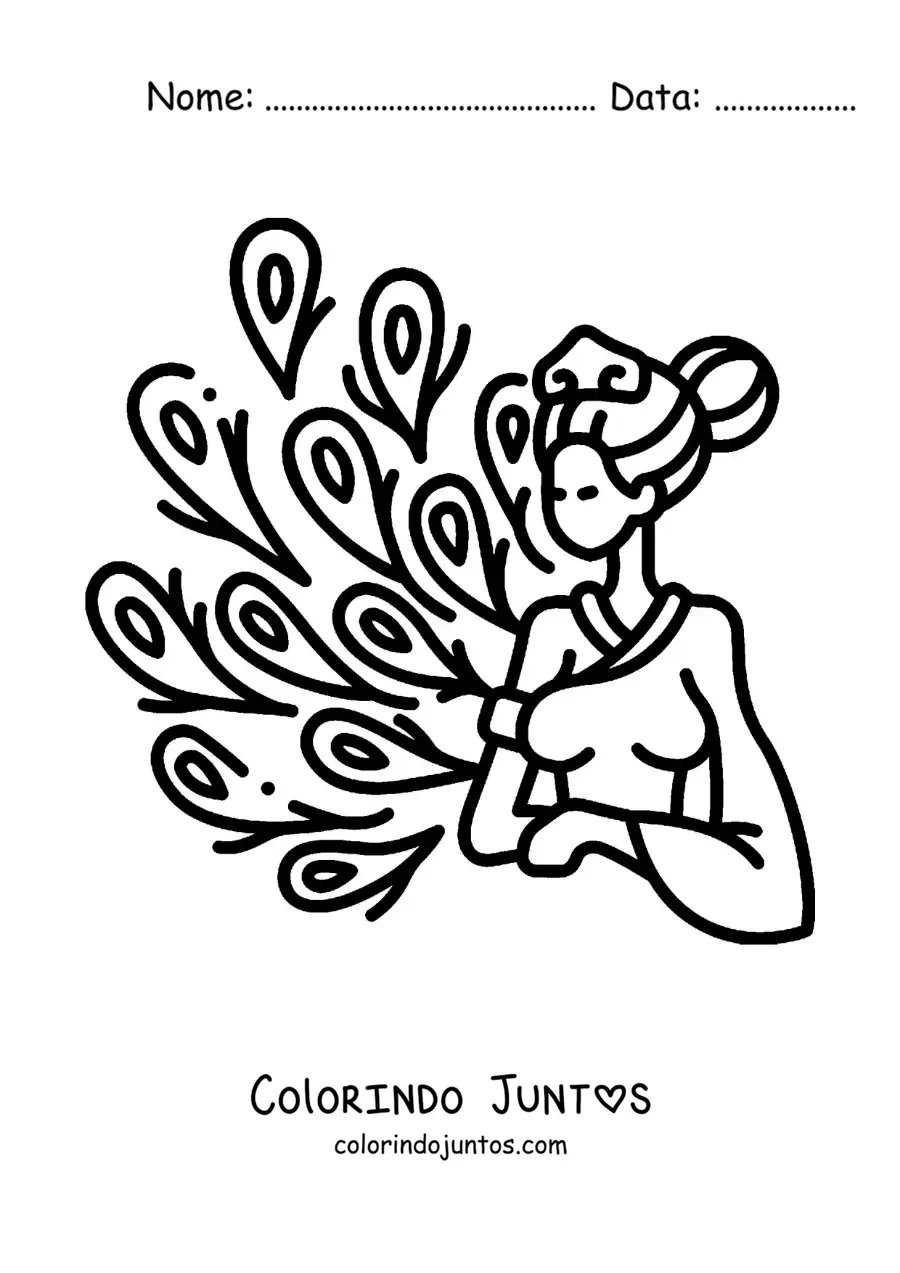 Desenho para colorir da deusa grega Hera com penas de pavão