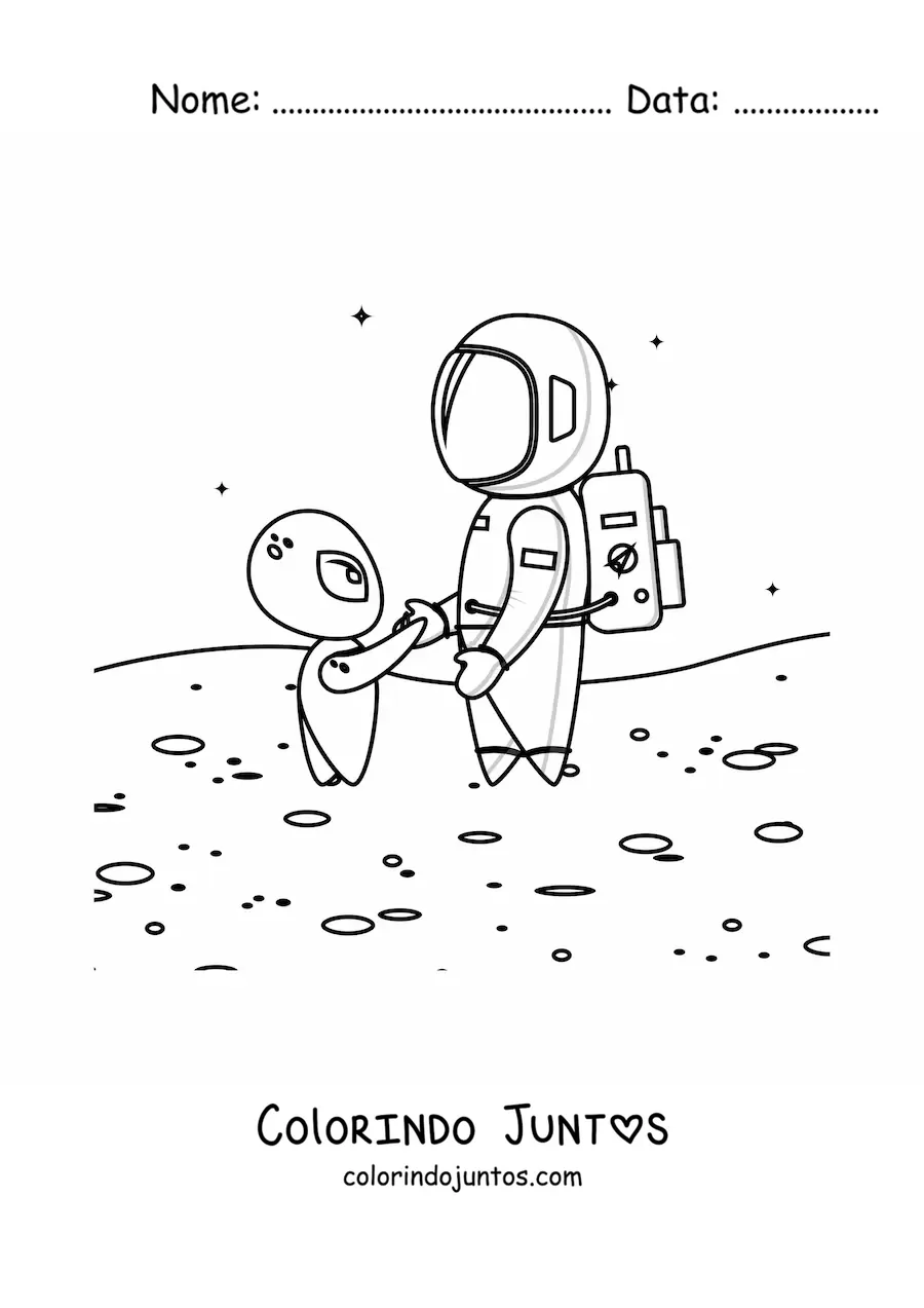 Desenho para colorir de um astronauta e um marciano na superfície de Marte