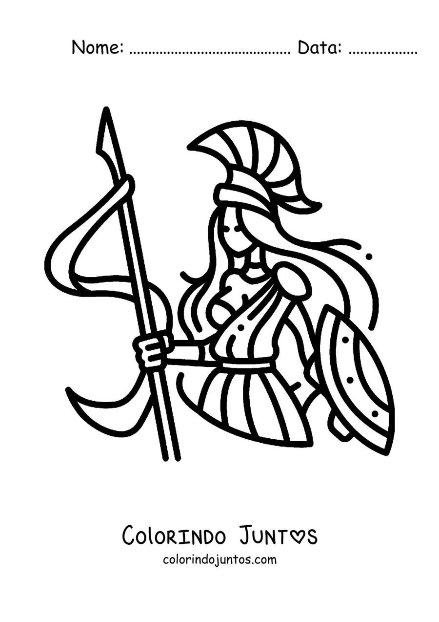 Desenho para colorir da deusa Atena animada com seu capacete e escudo