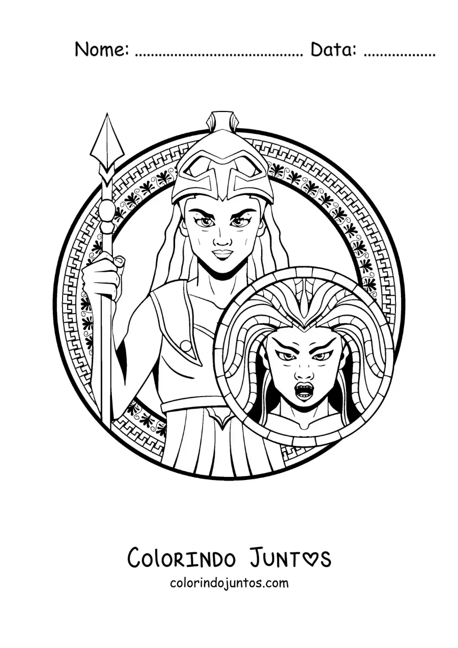 Desenho para colorir de Atena e seu capacete de guerreira com uma lança e seu escudo