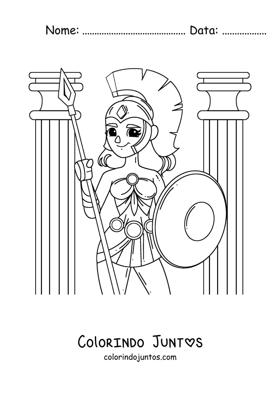 Desenho para colorir da deusa Atena animada com sua lança e armadura