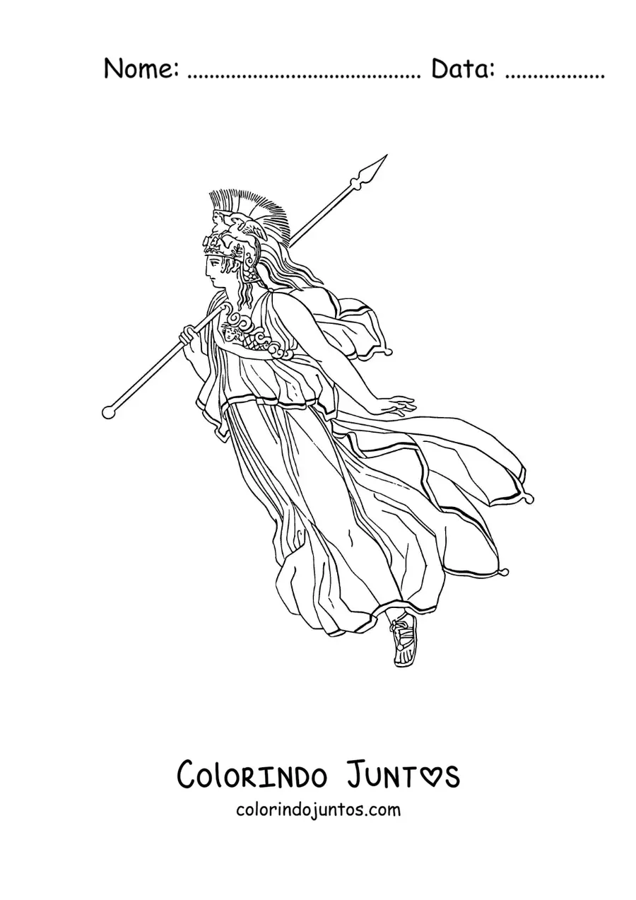 Desenho para colorir da deusa Atena realista com sua lança e seu capacete