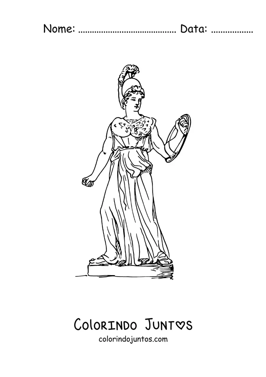 Desenho para colorir de estátua da deusa grega Atena realista com seu escudo