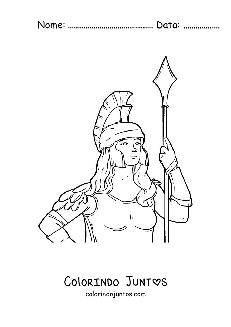 Desenho para colorir de Atena com seu capacete e sua lança em um estilo realista