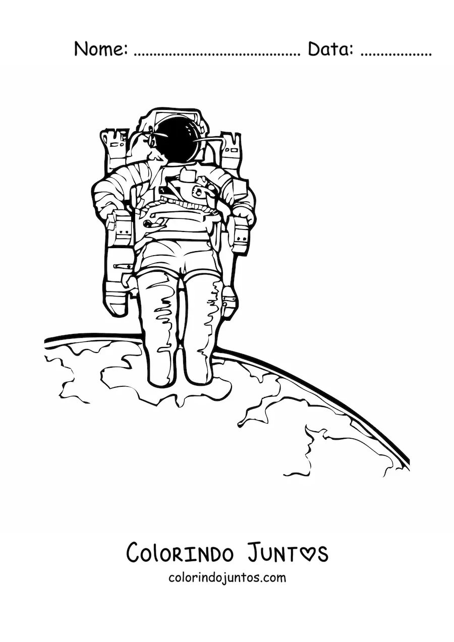 Desenho para colorir de um astronauta com roupa espacial realista flutuando sobre a Terra