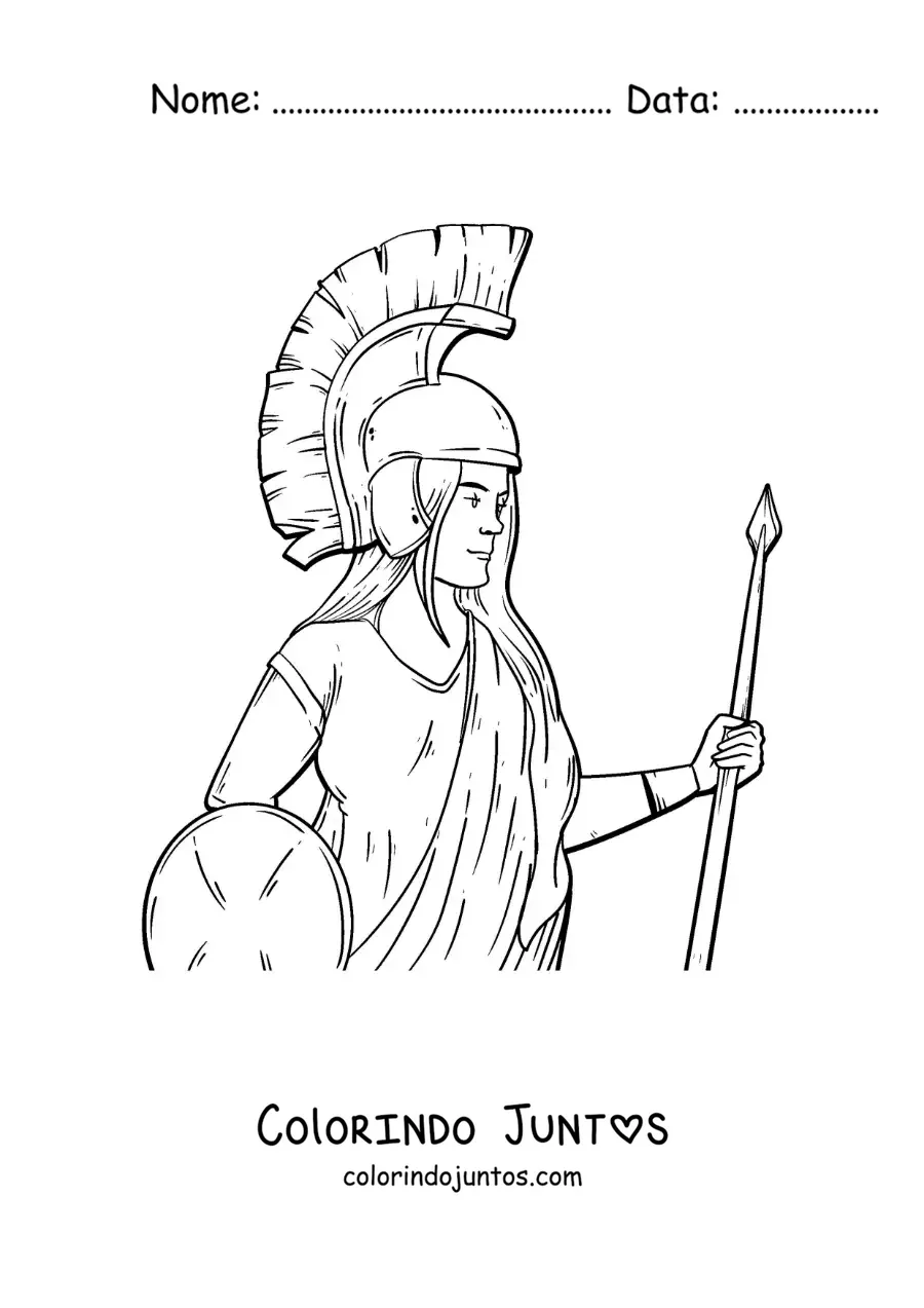 Desenho para colorir de Atena com seu capacete e seu escudo em um estilo realista