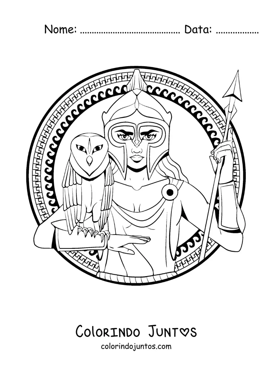 Desenho para colorir da deusa Atena animada com sua coruja e seu capacete