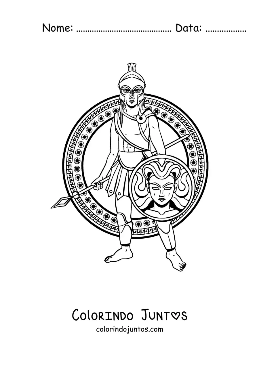 Desenho para colorir da deusa grega Atena animada com seu escudo e seu capacete