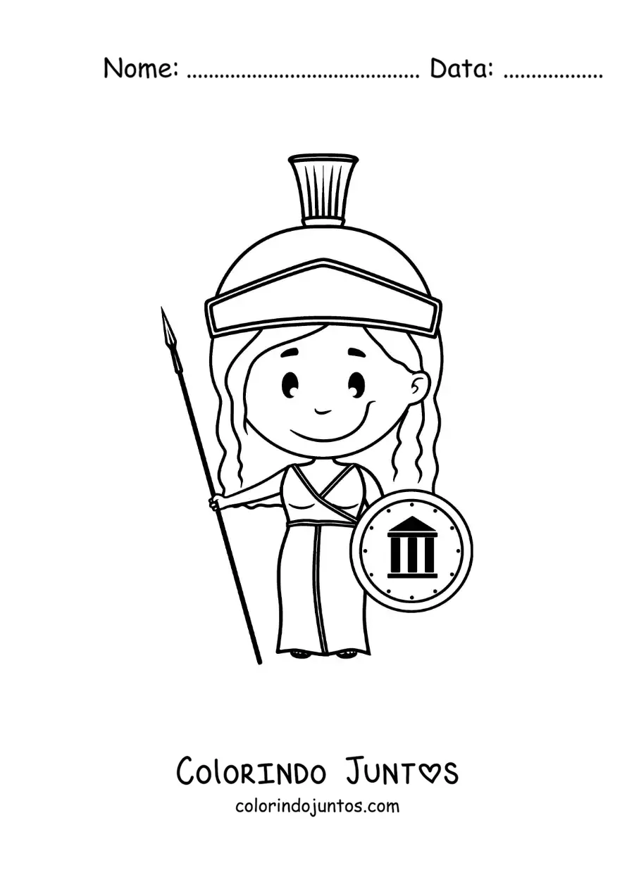 Desenho para colorir de Atena e sua lança em um estilo kawaii animado