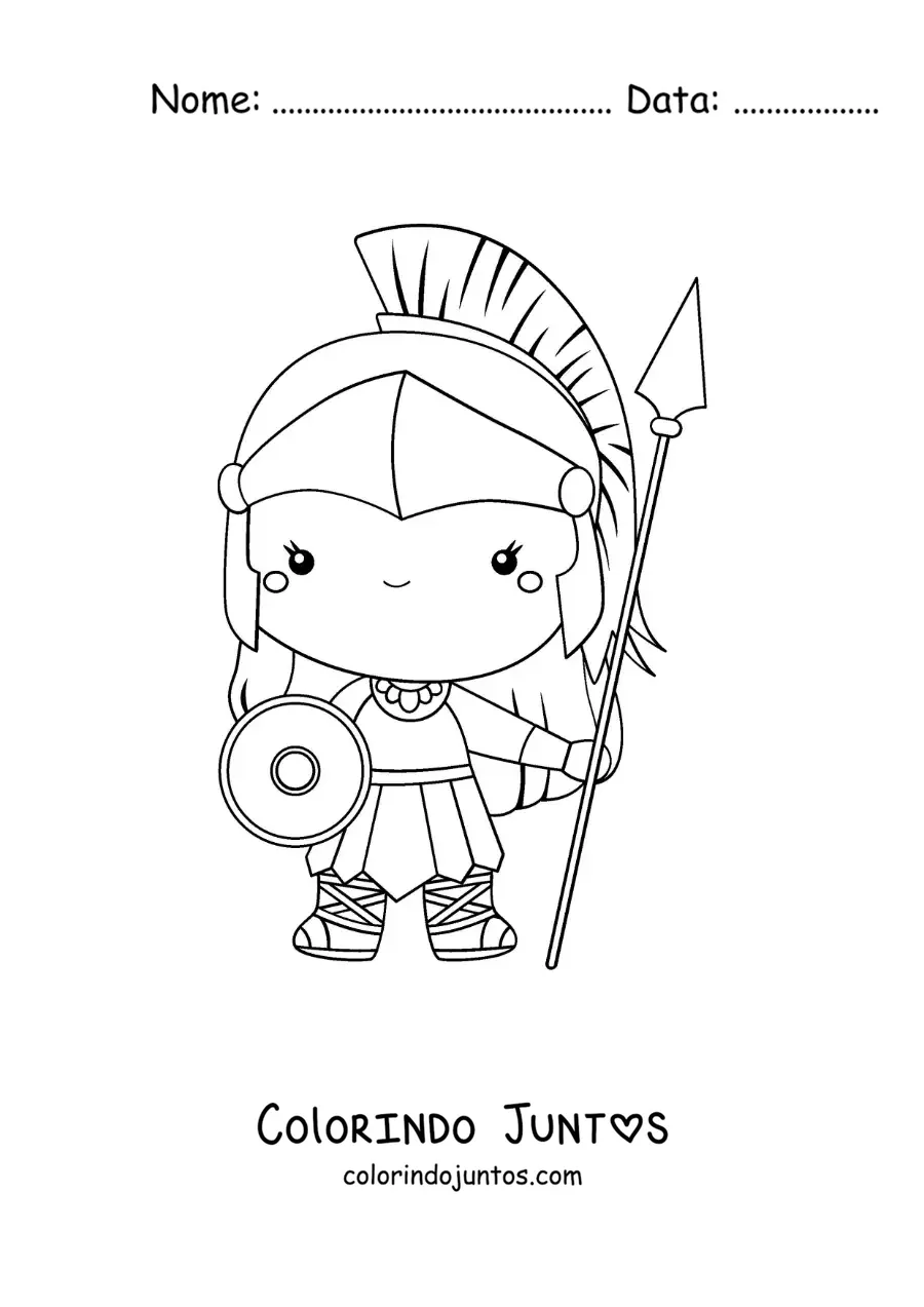 Desenho para colorir de Atena kawaii animada com seu escudo e seu capacete