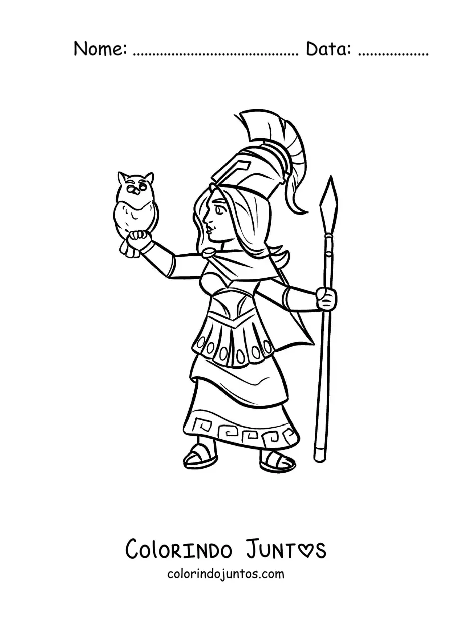 Desenho para colorir de Atena a deusa da sabedoria animada com sua coruja