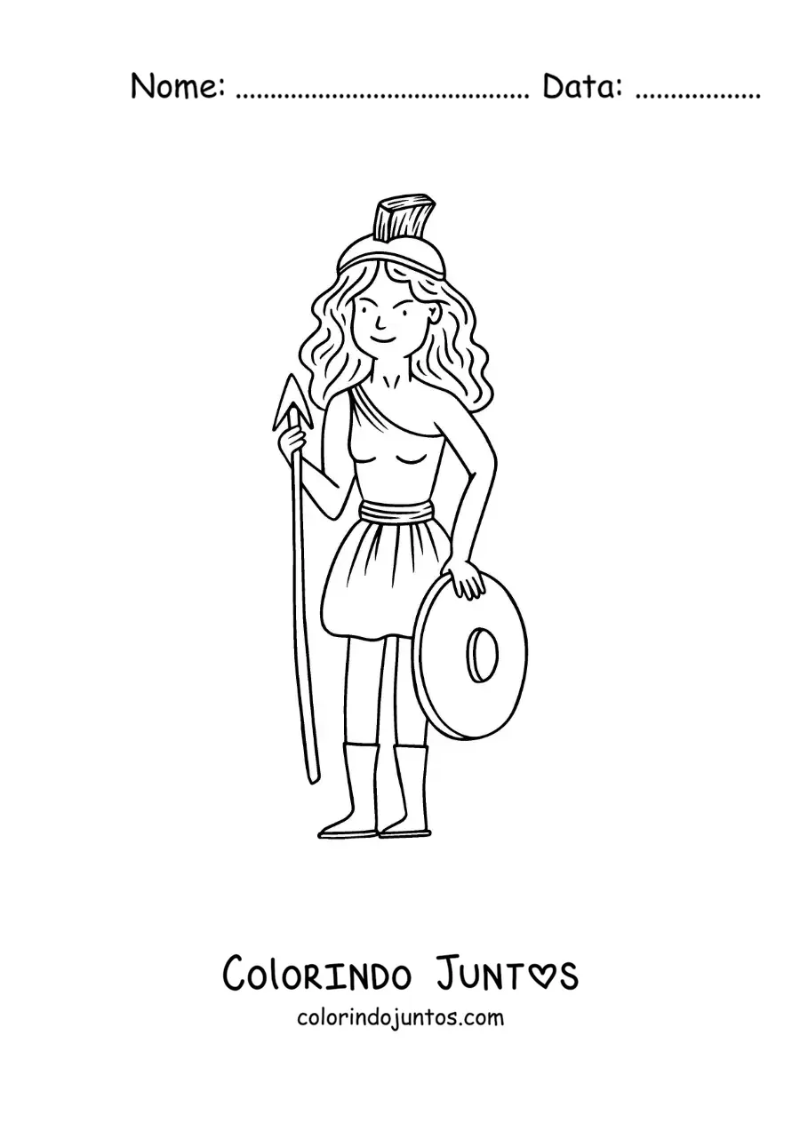 Desenho para colorir de Atena a deusa grega animada com sua lança e escudo de guerreira