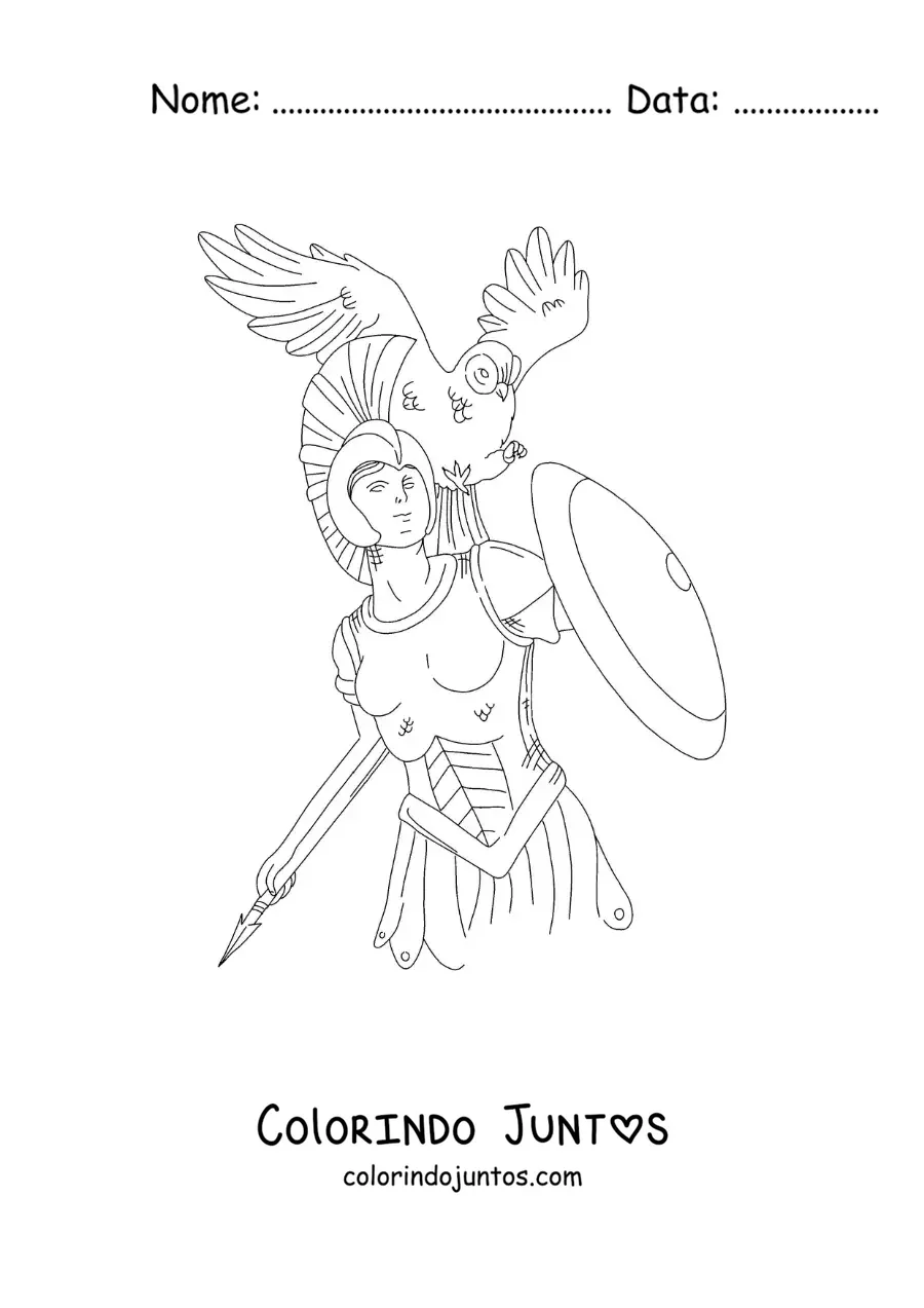 Desenho para colorir da deusa Atena com sua coruja e escudo em um estilo realista