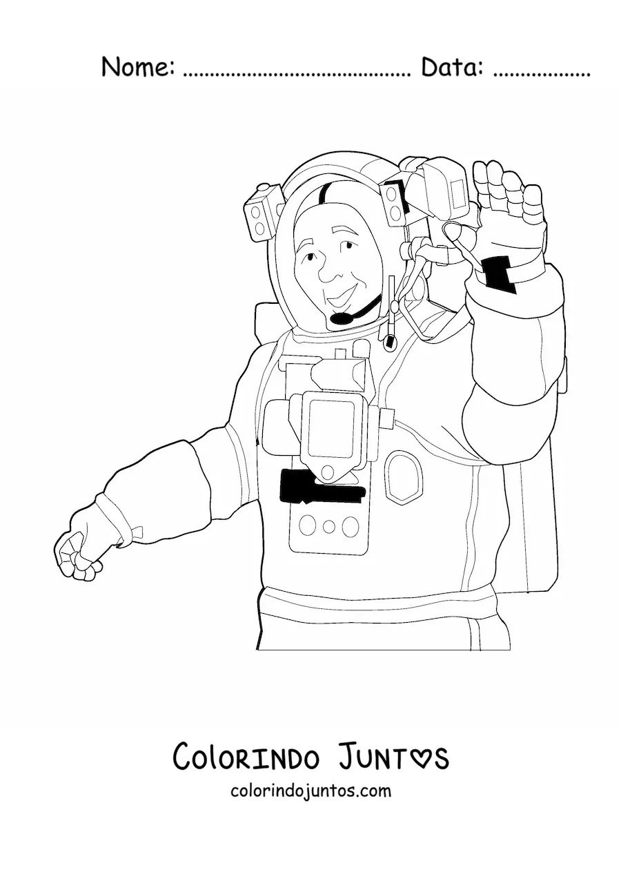 Desenho para colorir de um astronauta realista acenando