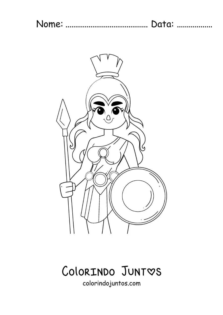 Desenho para colorir da deusa Atena com seu capacete e escudo em um estilo animado