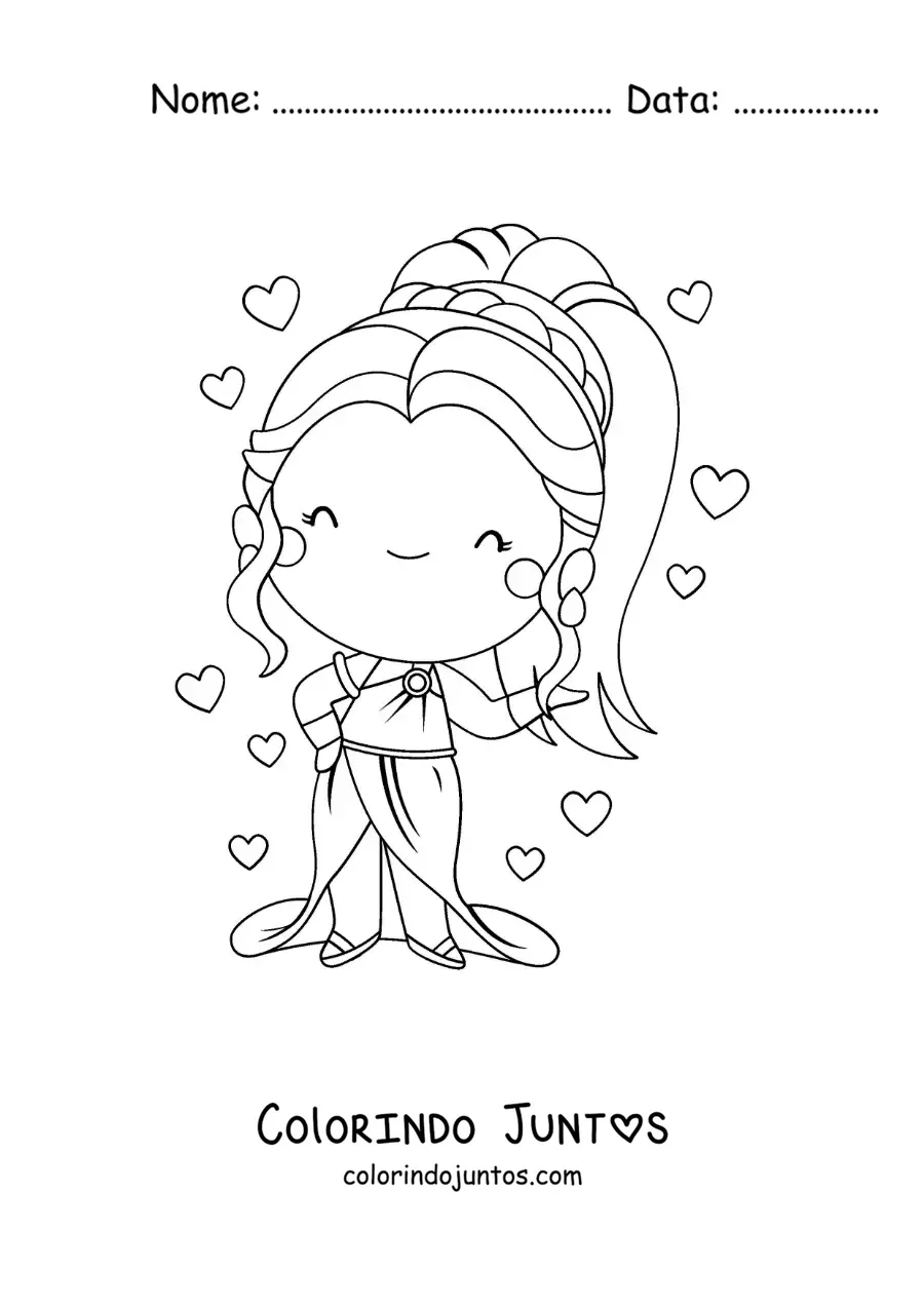 Desenho para colorir da deusa Afrodite kawaii com corações