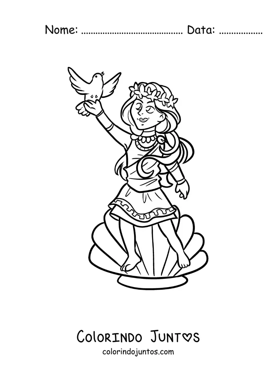 Desenho para colorir da deusa Afrodite animada com uma concha do mar e uma pomba