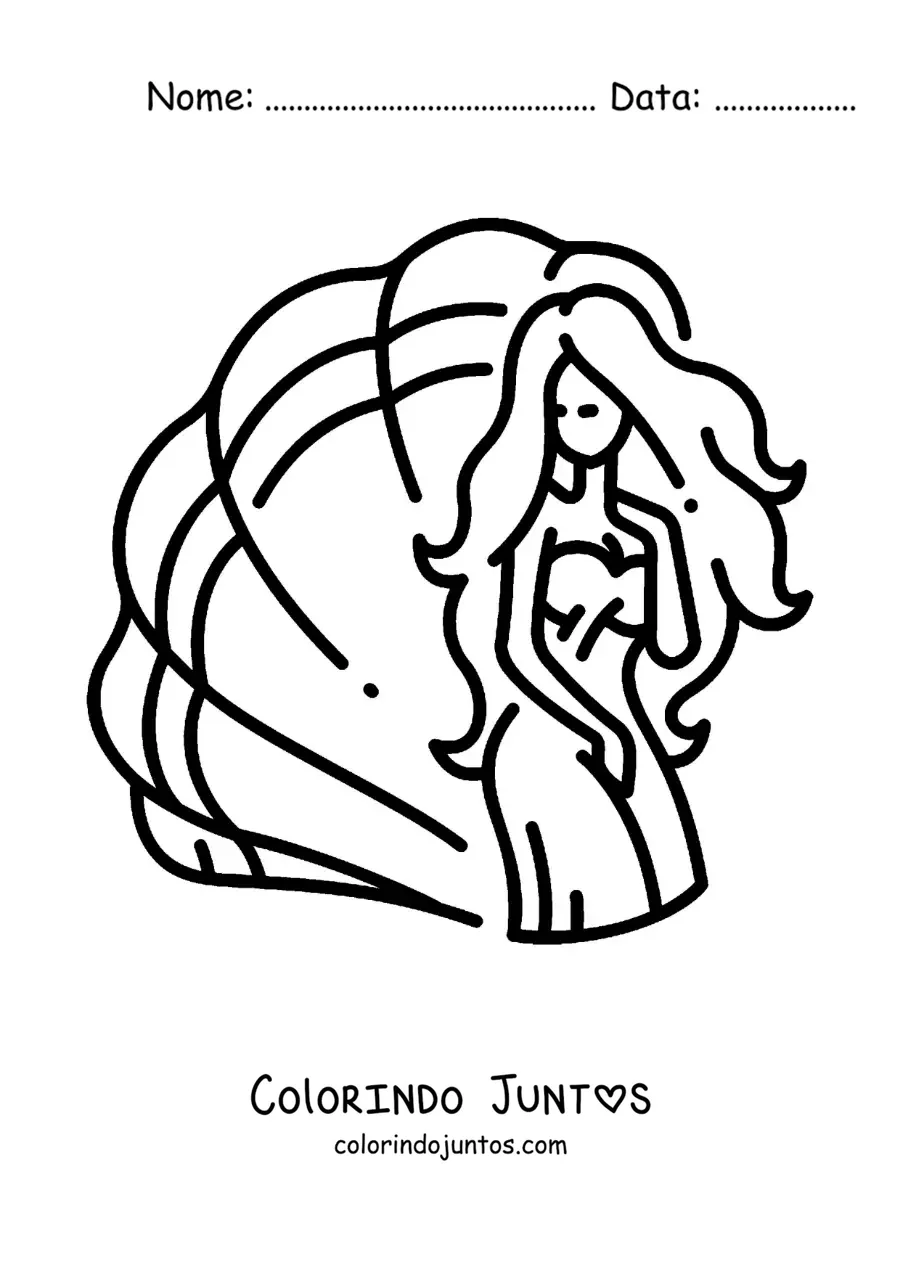 Desenho para colorir de Afrodite a deusa grega animada com uma concha de vieira