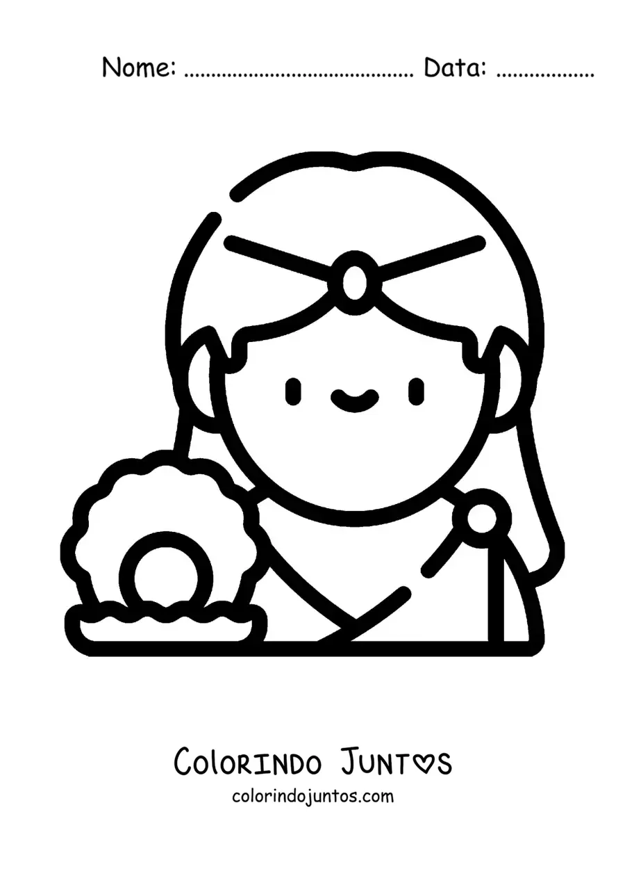 Desenho para colorir da deusa do amor Afrodite animada fácil com uma concha do mar