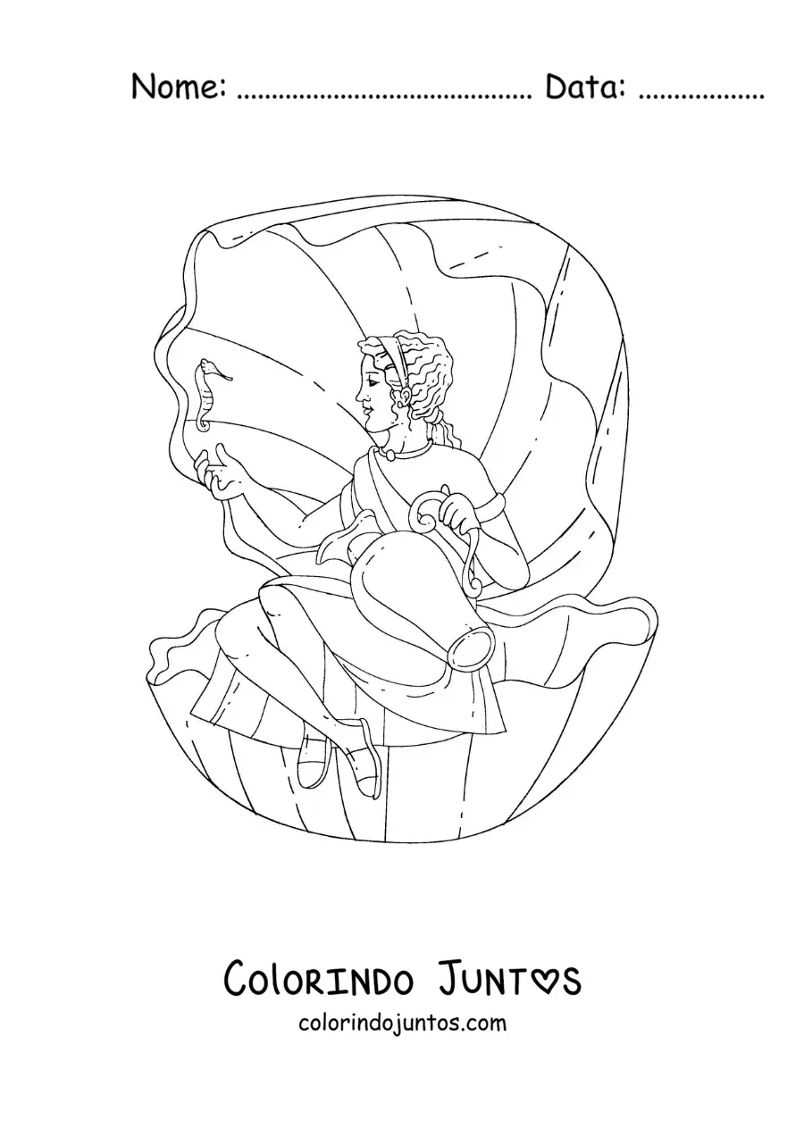 Desenho para colorir de Afrodite a deusa sentada em uma concha do mar
