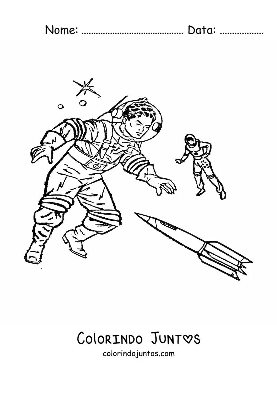 Desenho para colorir de dois astronautas flutuando no espaço