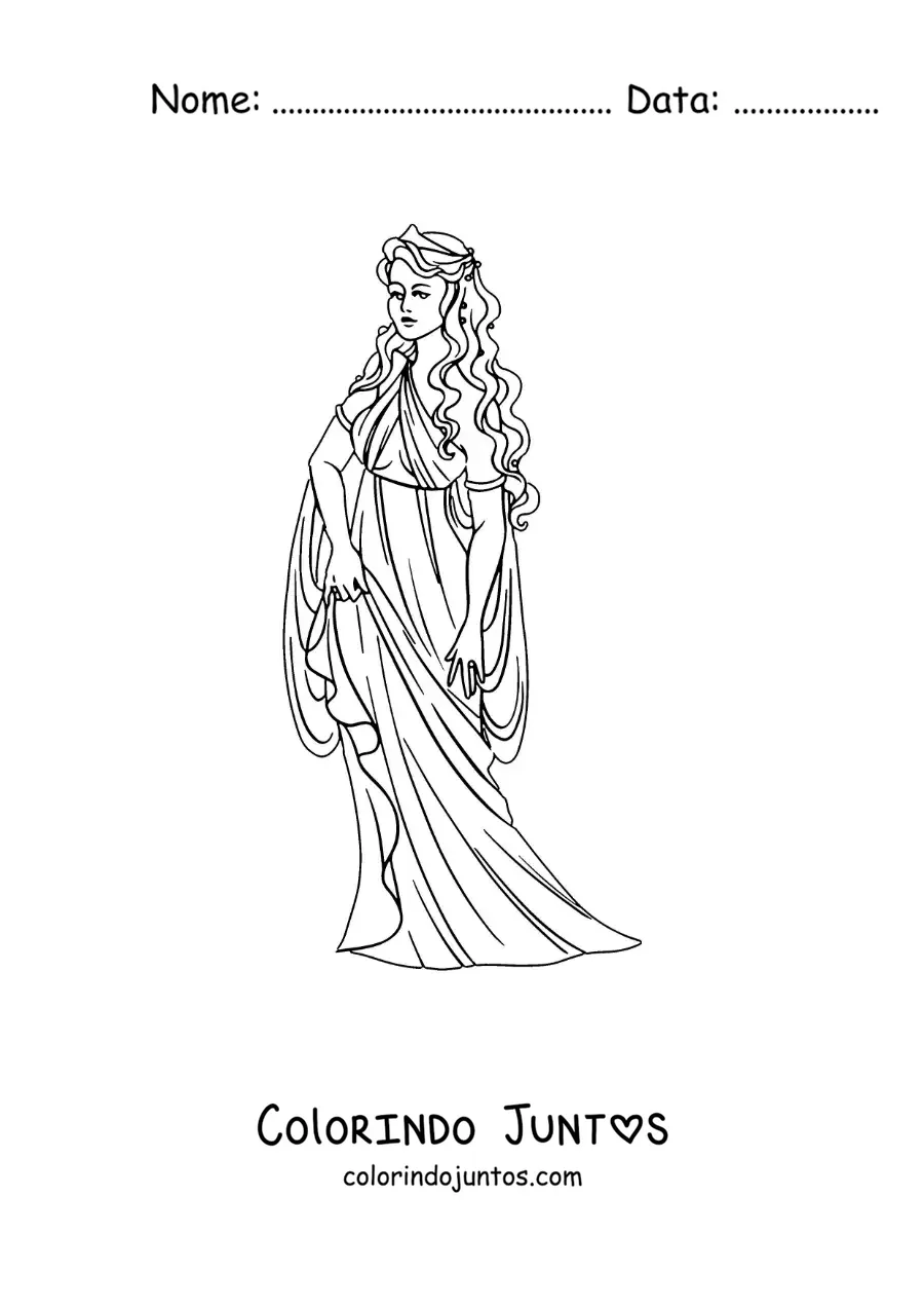 Desenho para colorir de Afrodite a deusa do amor animada com sua túnica